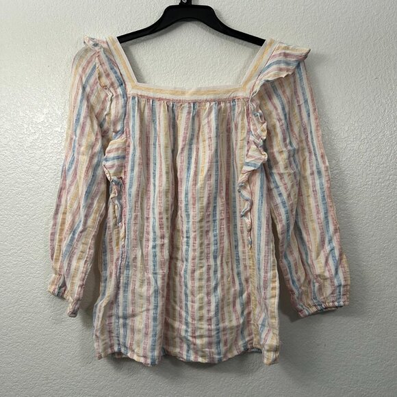Chaps Pastel Striped Ruffle Square Neck Gauze Blouse Top - Picture 5 of 10